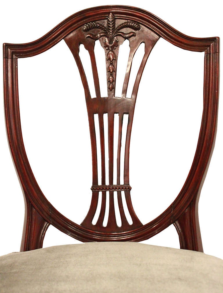 A very attractive set of twelve English 19th century George III st. solid mahogany dining chairs. Each chair is raised on fluted carved tapered legs with top rosettes and a serpentine front frieze. All with a curved backrest in a  pierced shield