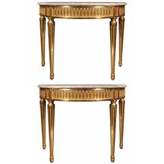 Pair of Italian 18th Century Louis XVI Period Demilune Giltwood Consoles
