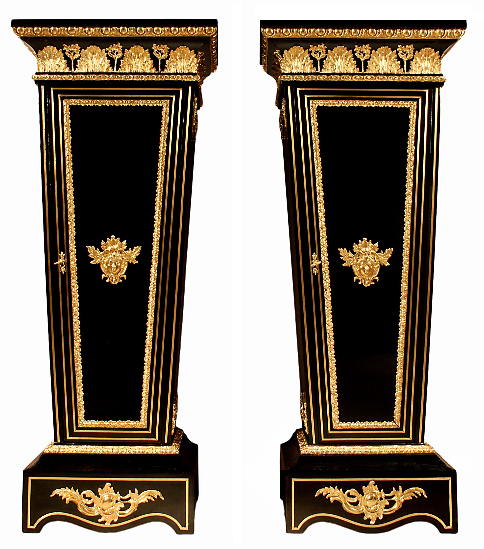 Pair of 19th Century French Louis XVI Style Ebony, Brass and Ormolu Pedestals