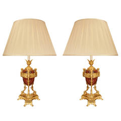 French 19th Century Louis XVI Style Rouge Griotte Marble and Ormolu Lamps French 19th Century Louis XVI Style Rouge Griotte Marble and Ormolu Lamps