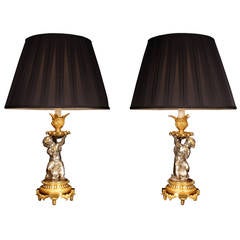Pair of French 19th Century Louis XVI Style Ormolu and Silvered Bronze Lamps