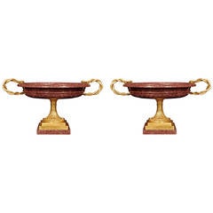 Pair of 19th Century Neoclassical Style Solid Porphyry and Ormolu Tazzas