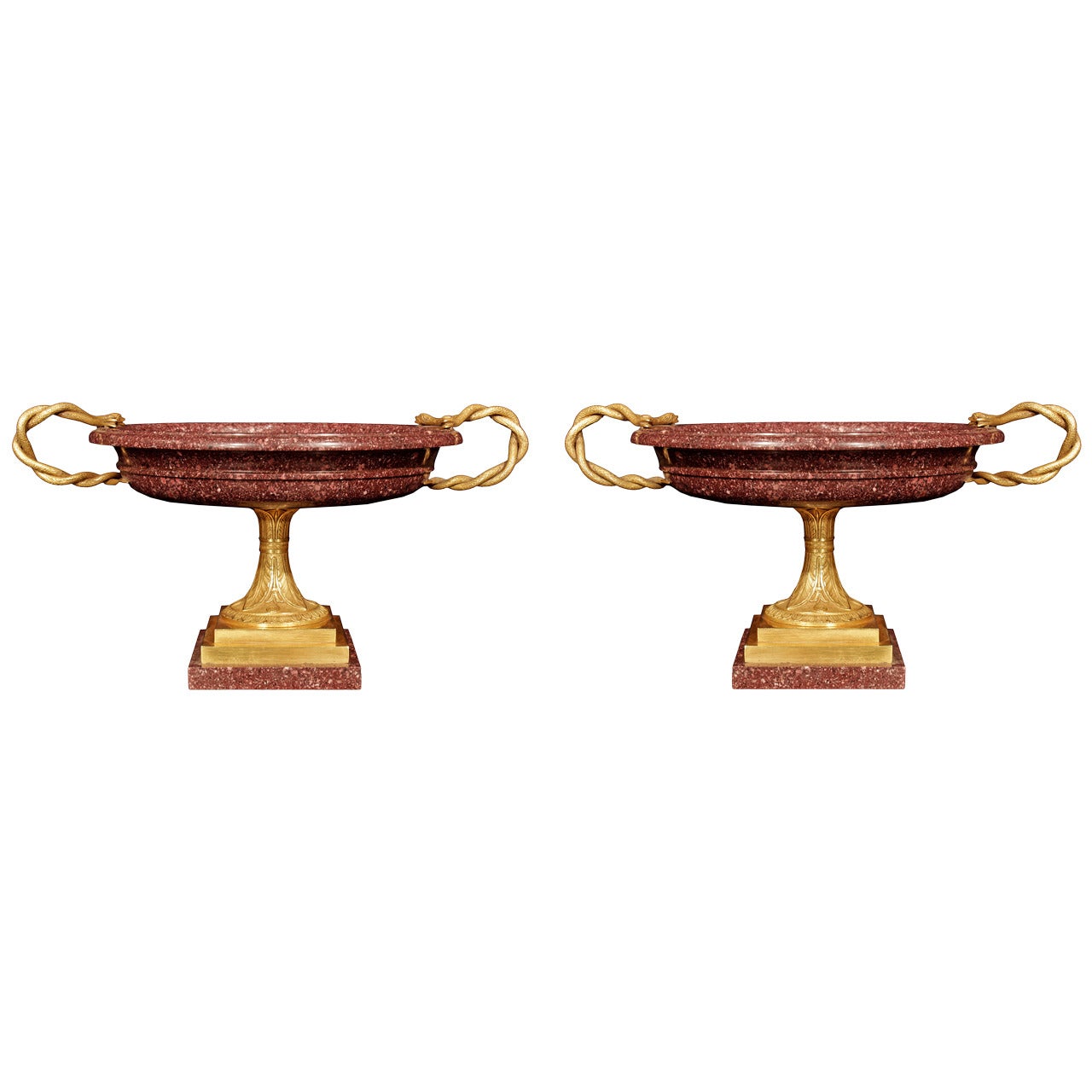 Pair of 19th Century Neoclassical Style Solid Porphyry and Ormolu Tazzas