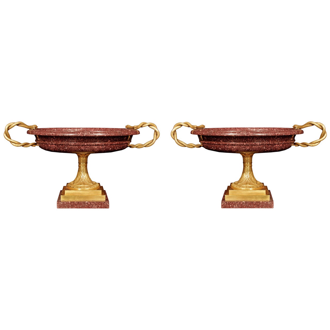 Pair of 19th Century Neoclassical Style Solid Porphyry and Ormolu Tazzas