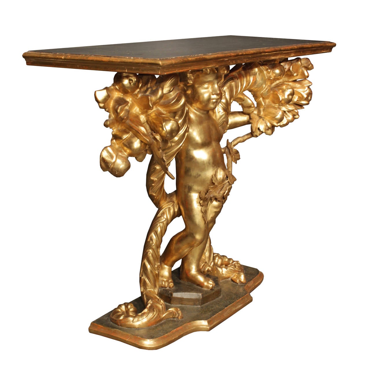 A stunning Italian late 18th century giltwood console from Tuscany. This freestanding console is raised on a mottled giltwood edge support and octagonal base with a simulated patinated bronze finish. A finely carved giltwood cherub holds up two