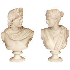 Antique Pair of Italian 19th Century White Carrara Marble Busts of Apollo and Diana