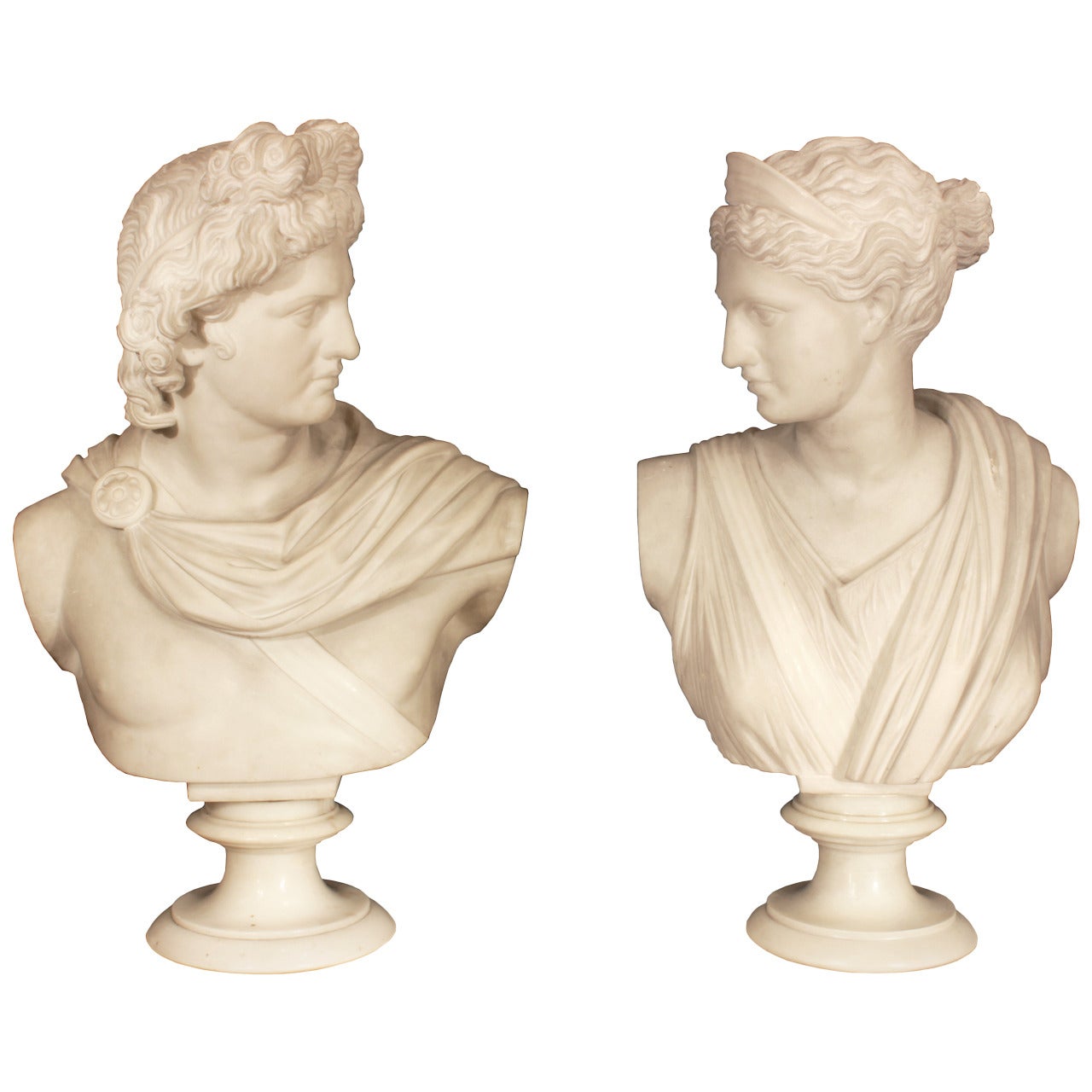 Pair of Italian 19th Century White Carrara Marble Busts of Apollo and Diana