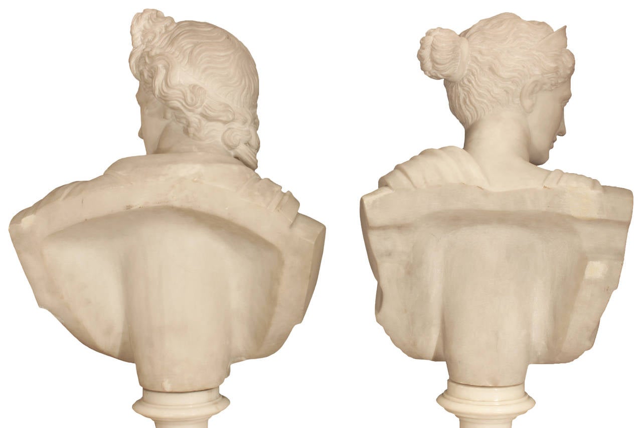 Pair of Italian 19th Century White Carrara Marble Busts of Apollo and Diana 2