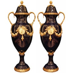 pair of French late 19th Century Louis XVI st. Cobalt blue urns