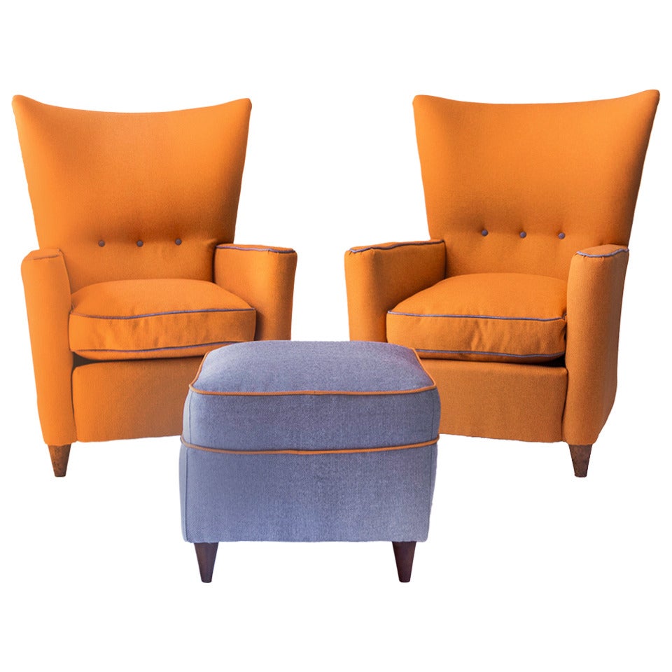 Important Paolo Buffa Set of Two Wing Back Bergeres and Pouf, 1955