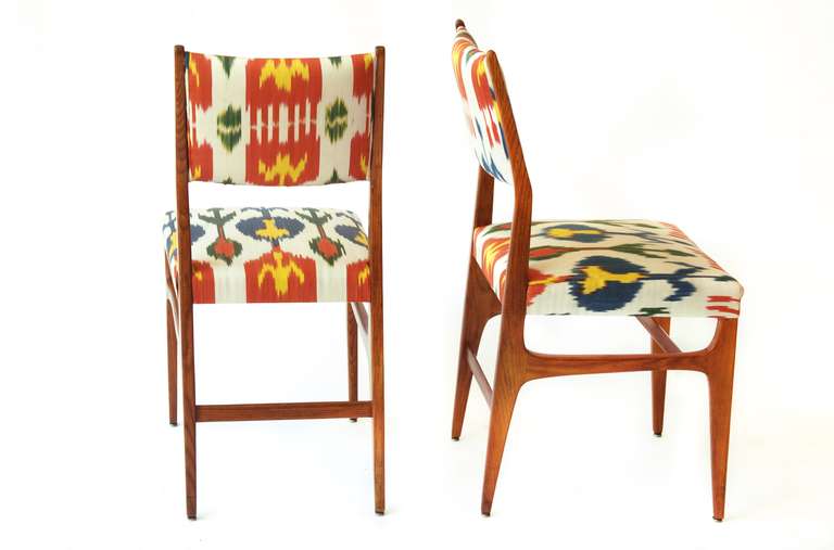 two GIO PONTI chairs from the Hotel Royal , Napoli produced by ISA Bergamo 
upholstered with rare fabric turkish ancient  silk 
ash, silk 
Literature: GIO PONTI