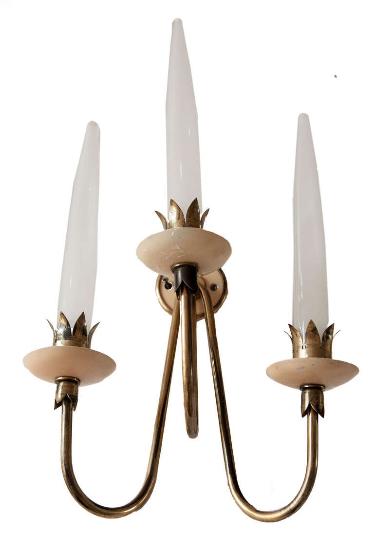 Rare Set of Three Angelo Lelli Brass and Opaline Glass Wall Lights, 1950 For Sale 2