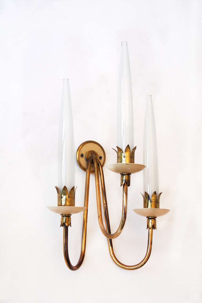 Modern Rare Set of Three Angelo Lelli Brass and Opaline Glass Wall Lights, 1950 For Sale