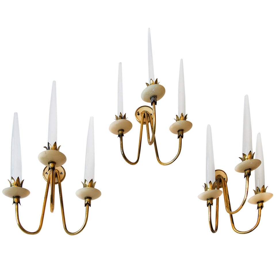 Rare Set of Three Angelo Lelli Brass and Opaline Glass Wall Lights, 1950 For Sale