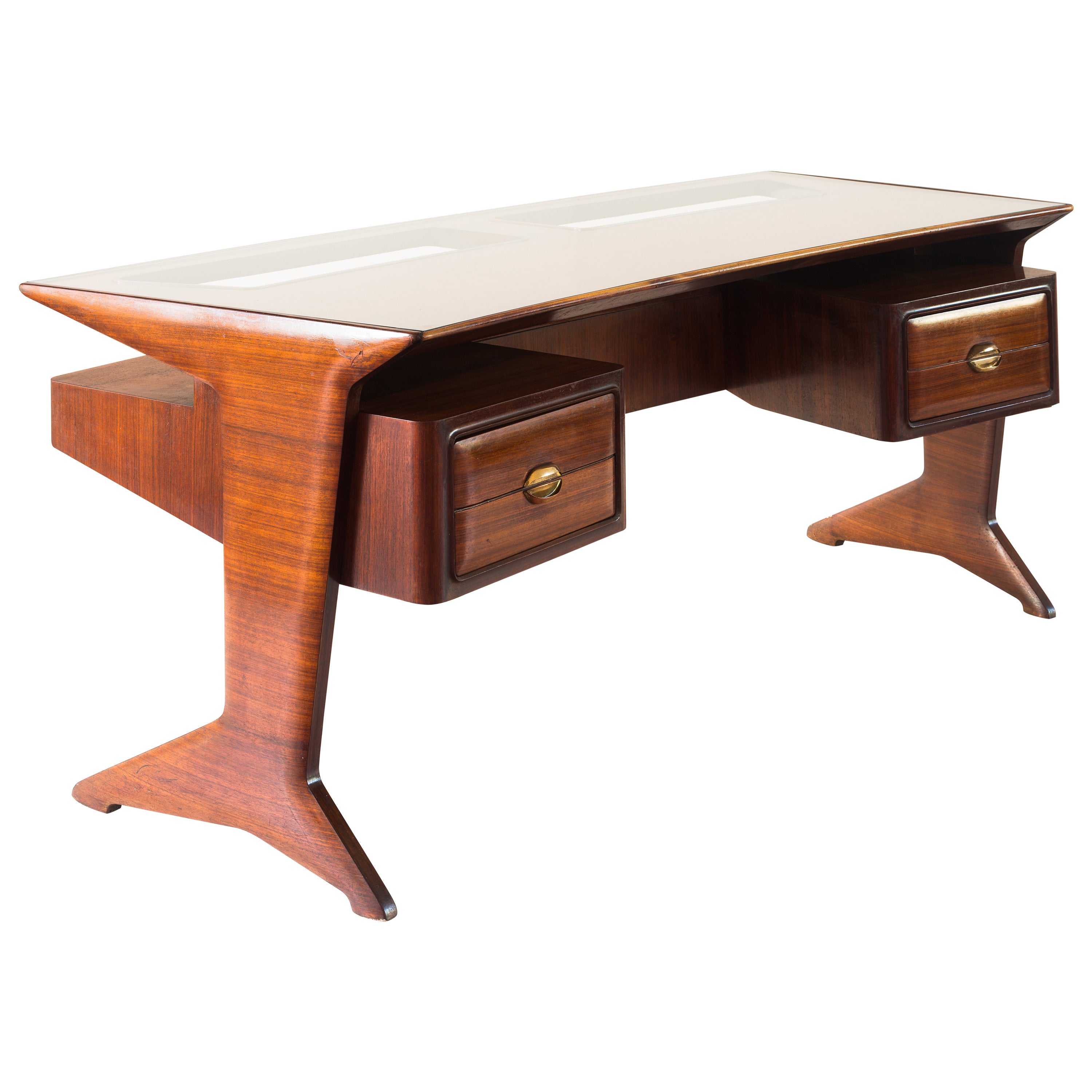 Rare writing desk attributed to Arch Guglielmo Ulrich
aerodynamics line, original curved top with two windows
four drawers, original bronze handles shaped mouth
rosewood, brass, glass. Important Italian design iconic piece. 

Very good original