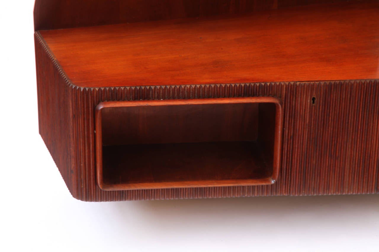 Brass Important Wall Unit, Large Curved Sofa and walnut Shelfs by Dassi, 1940