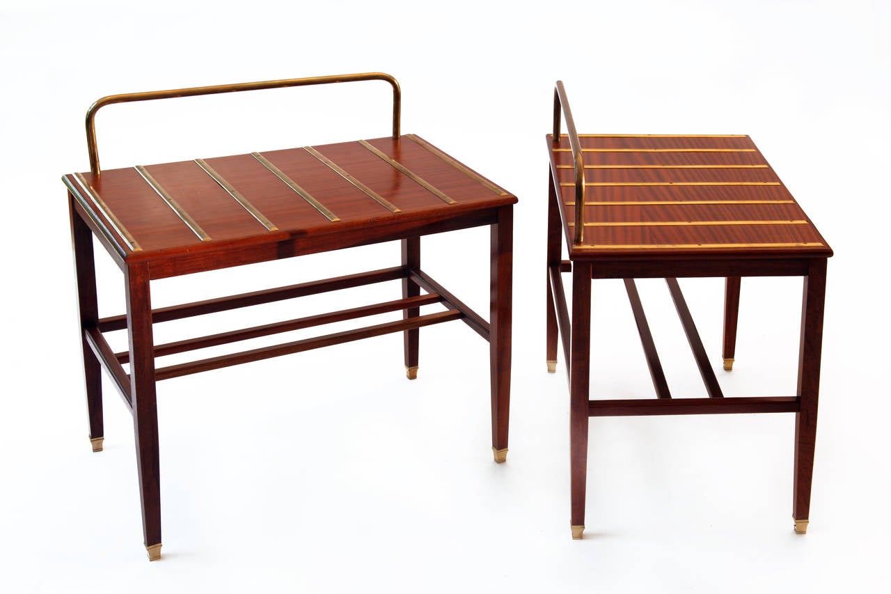 Gio Ponti side tables (stands) produced by Giordano Chiesa
from Hotel Royal Naples, 1955.
Mahogany, brass.
Height: 65 cm; 65x 42 cm.
These items come directly form the original furniture of the Hotel (original Hotel Royal invoice).
Sold with a