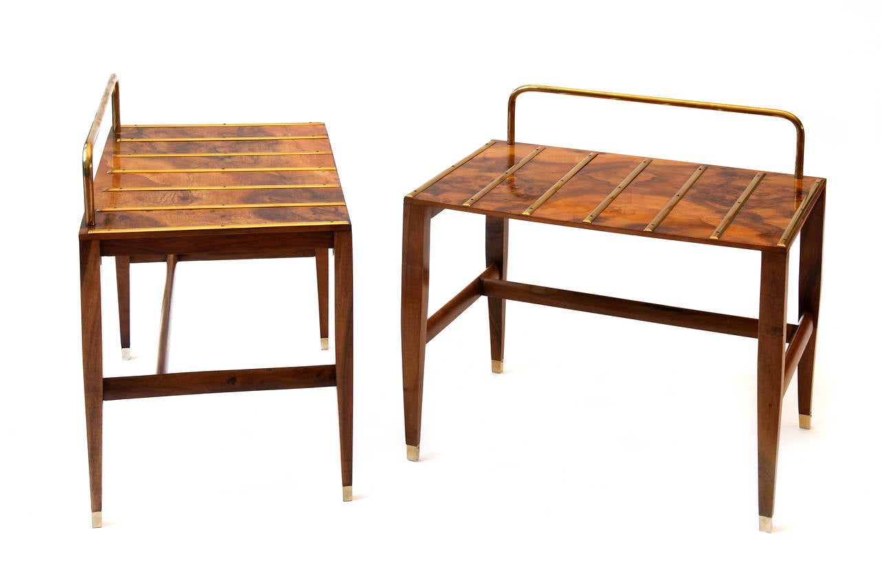 Gio Ponti side tables (stands) produced by Giordano Chiesa,
from the premiere suite of the Hotel Royal Naples, 1955.
Walnut root-veneered top, walnut, brass.
Brass details: Handles, foot and seven sections (each stand).
Measures: Height: 65 cm;