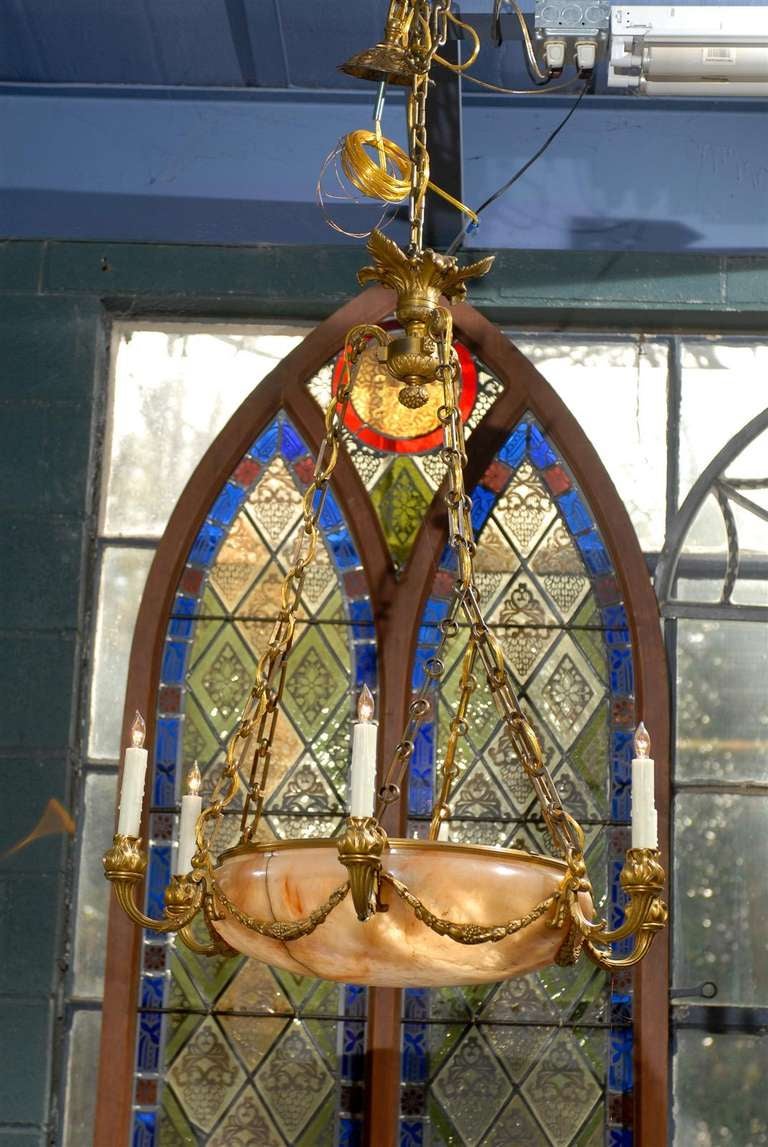 19th Century Italian Alabaster and Brass Light Fixture