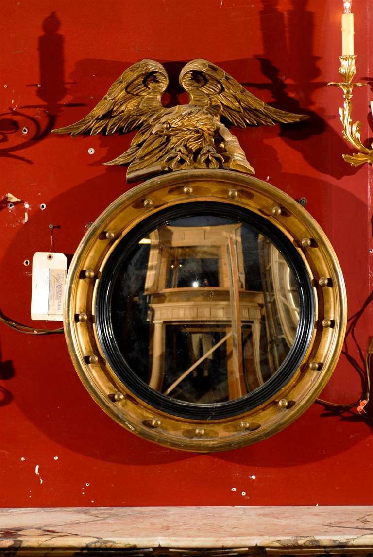 19th C. English Regency Gilded Convex Mirror with Eagle Crest