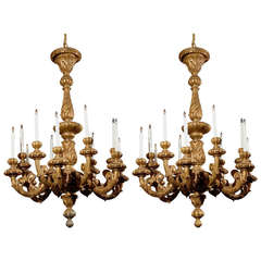 Antique Pair of Late 19th Century Italian Gilded Wooden Chandeliers with 12 Candles