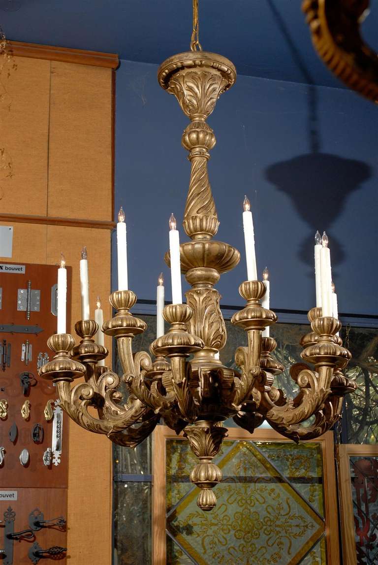 Pair of Late 19th Century Italian Gilded Wooden Chandeliers with 12 Candles