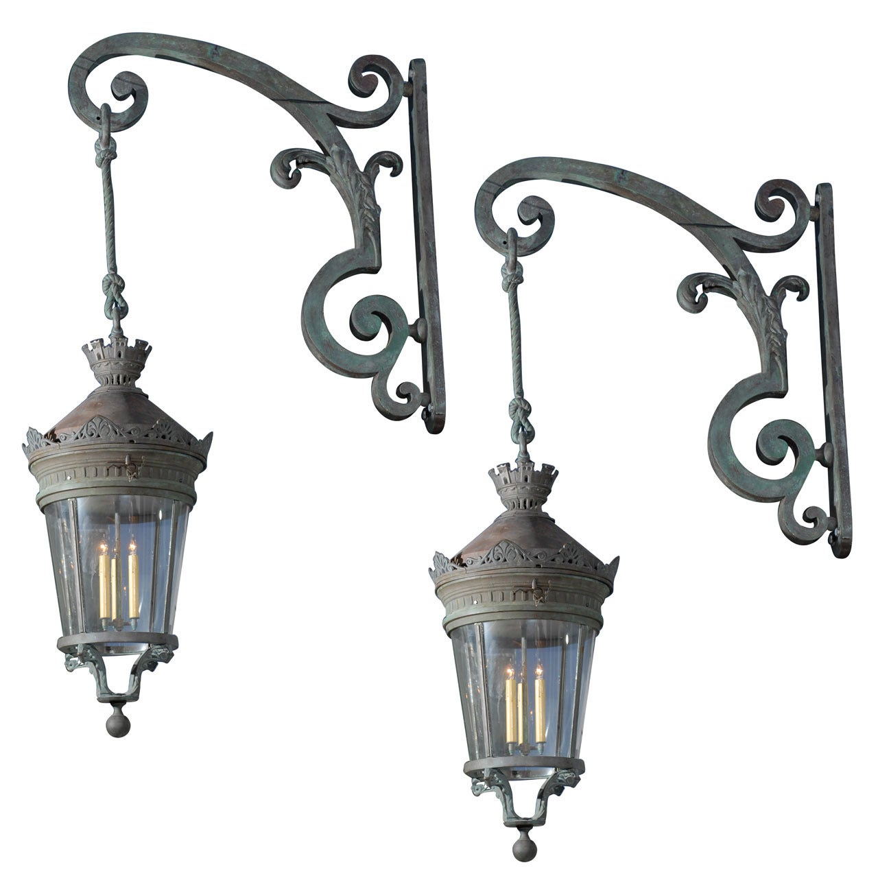 Pair of 19th Century Parisian Lanterns Suspended from Brackets For Sale