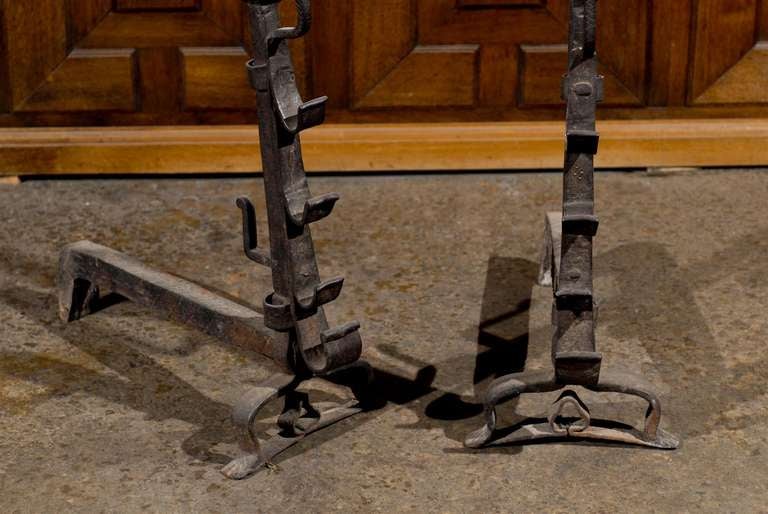 Early 18th C. Pair of French Wrought Iron Chenets with Arrow Motif