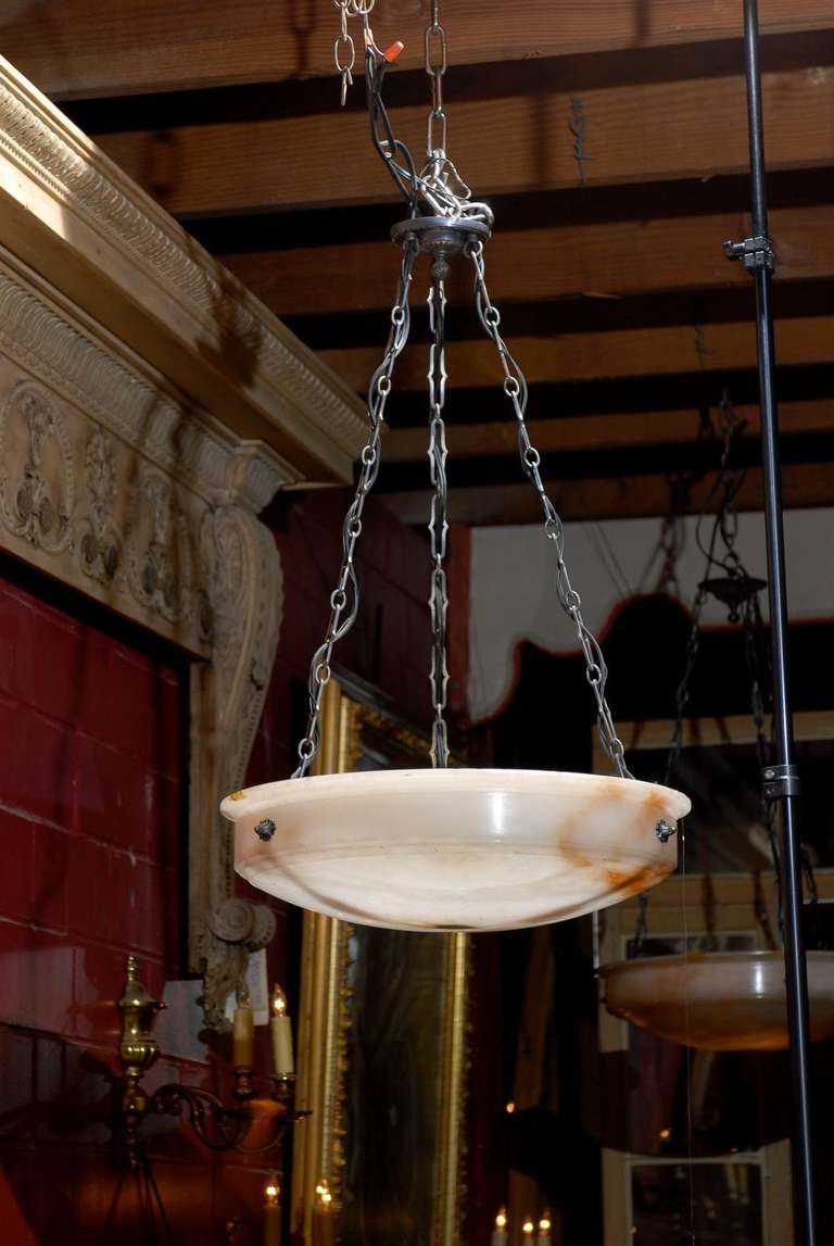 Early 20th century English light fixture with beautiful Spanish Alabaster, supported by three nickel plated chains from a canopy and thence by a single chain to the ceiling canopy ,all nickel plated. circa 1900.  <br />
<br />
UL LISTED.  Fixture