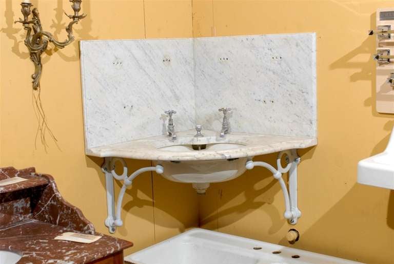 19th Century 19th C. English Marble Corner Sink with Fixtures For Sale