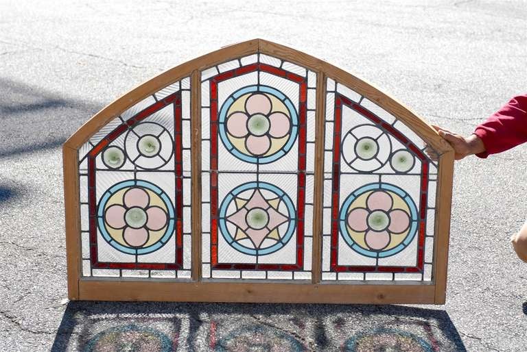 Gothic Revival 19th c. English Stained Glass Panel and Arched Transom For Sale