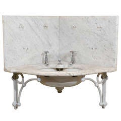 Antique 19th C. English Marble Corner Sink with Fixtures