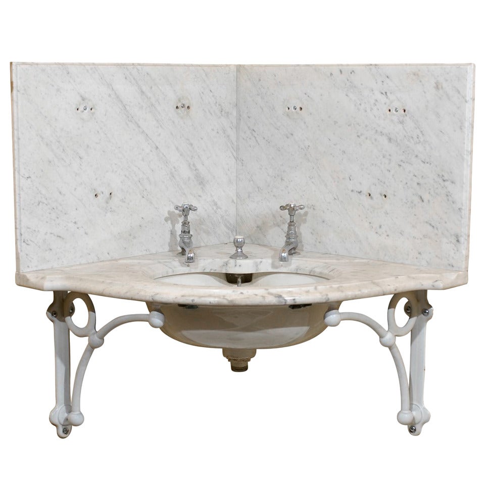 19th C. English Marble Corner Sink with Fixtures For Sale
