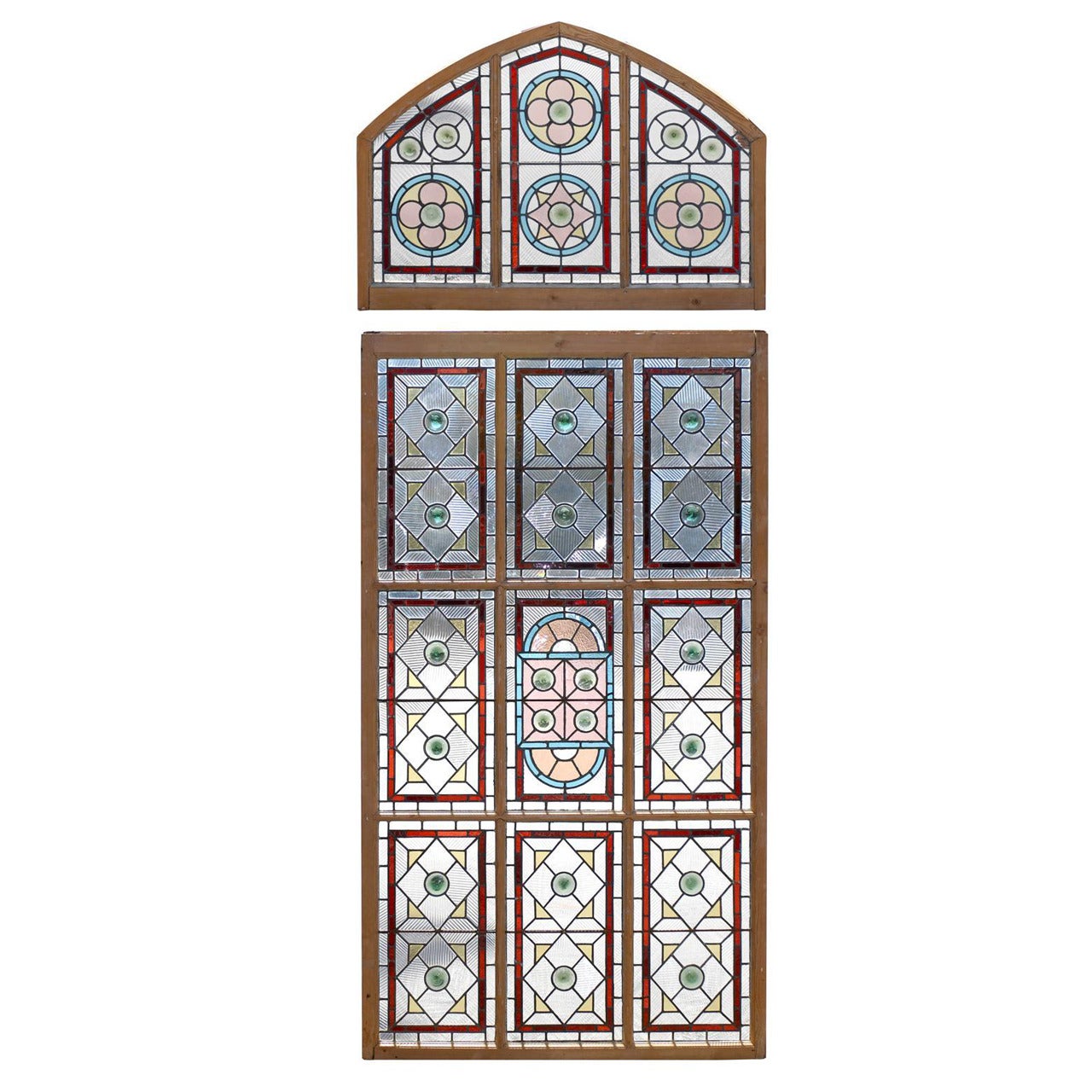 19th c. English Stained Glass Panel and Arched Transom For Sale