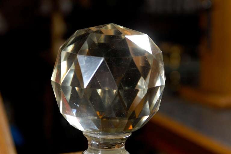 19th Century 19th C. Cut Glass Boule d'Escalier, French Staircase Finial, on Brass Base.