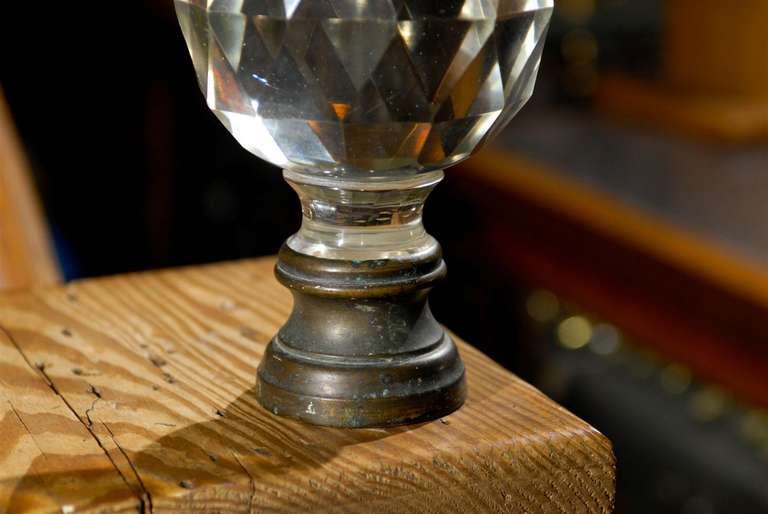 19th C. Cut Glass Boule d'Escalier, French Staircase Finial, on Brass Base. 3