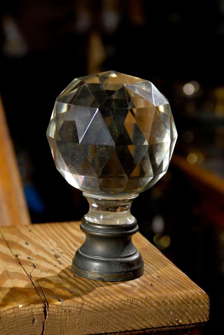 19th C. Cut Glass Boule d'Escalier, French Staircase Finial, on Brass Base. 2