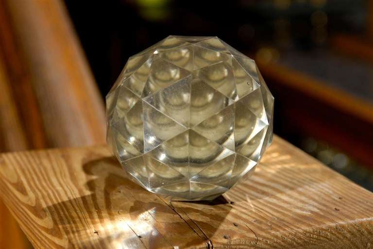 19th C. Cut Glass Boule d'Escalier, French Staircase Finial, on Brass Base. 1