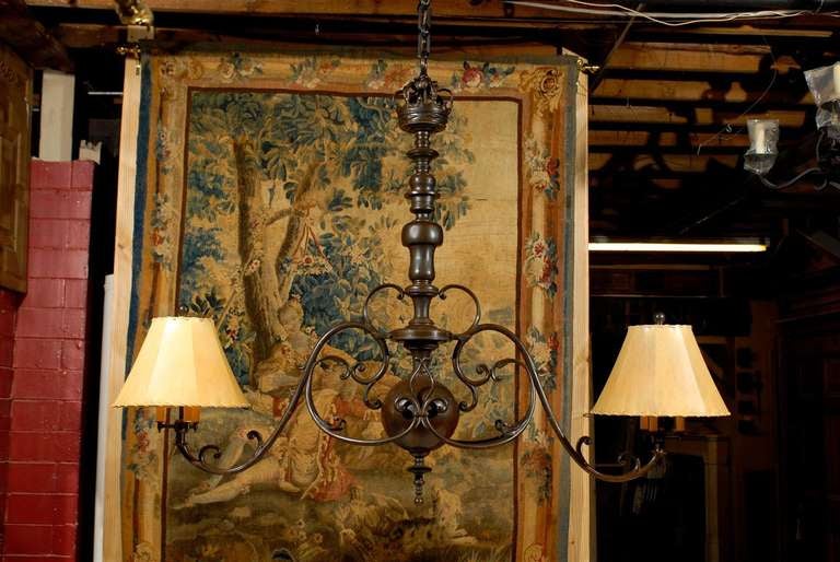 19th Century Flemish Brass Billiard Table Light with later Calfskin Lamp Shades