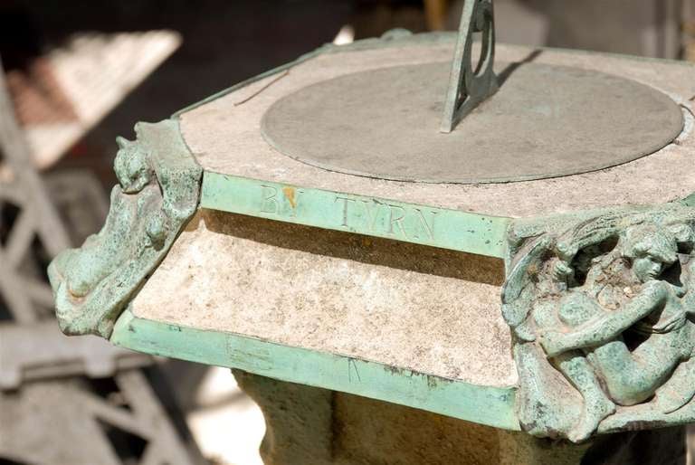 Early 20th Century Art Nouveau Stone & Bronze Pedestal Sundial For Sale 1