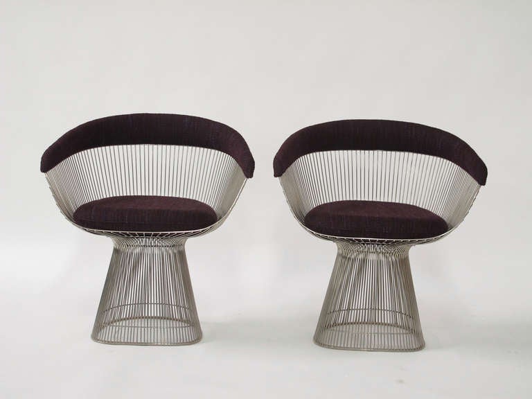 Nickle plated side chairs designed by Warren Platner for Knoll. newly upholstered in Knoll Rivington fabric.