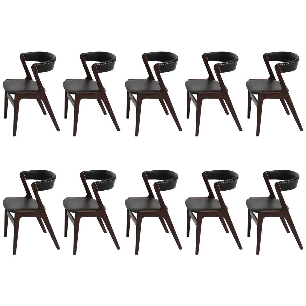 Ten Kai Kristiansen Black Leather Danish Dining Chairs
