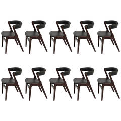 Ten Kai Kristiansen Black Leather Danish Dining Chairs