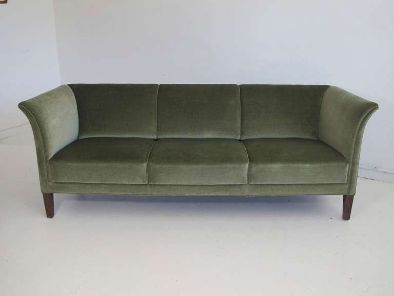 Wood MId-century Mohair Sofa with Flared Arms