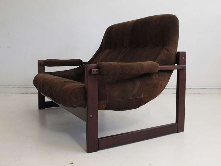 Rosewood frame sling love-seat sofa with original brown suede fabric by Benjamin Lafer for LAFER A.S. Sao Paulo Brazil. Original label.
