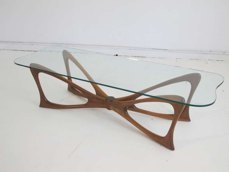 20th Century Dragonfly Walnut & Glass Coffee Table