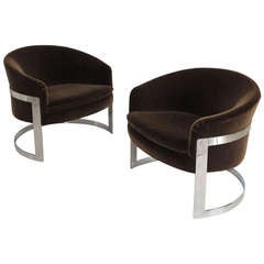 1970's Milo Baughman Chrome Cantilevered Barrel Lounge Chairs in Mohair