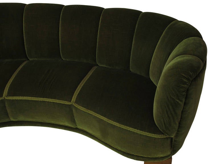 1940s Danish curved channel back sofa in original green mohair fabric.
