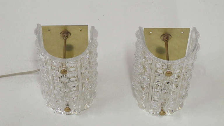 Brass Orrefors Crystal Sconces by Carl Fagerlund