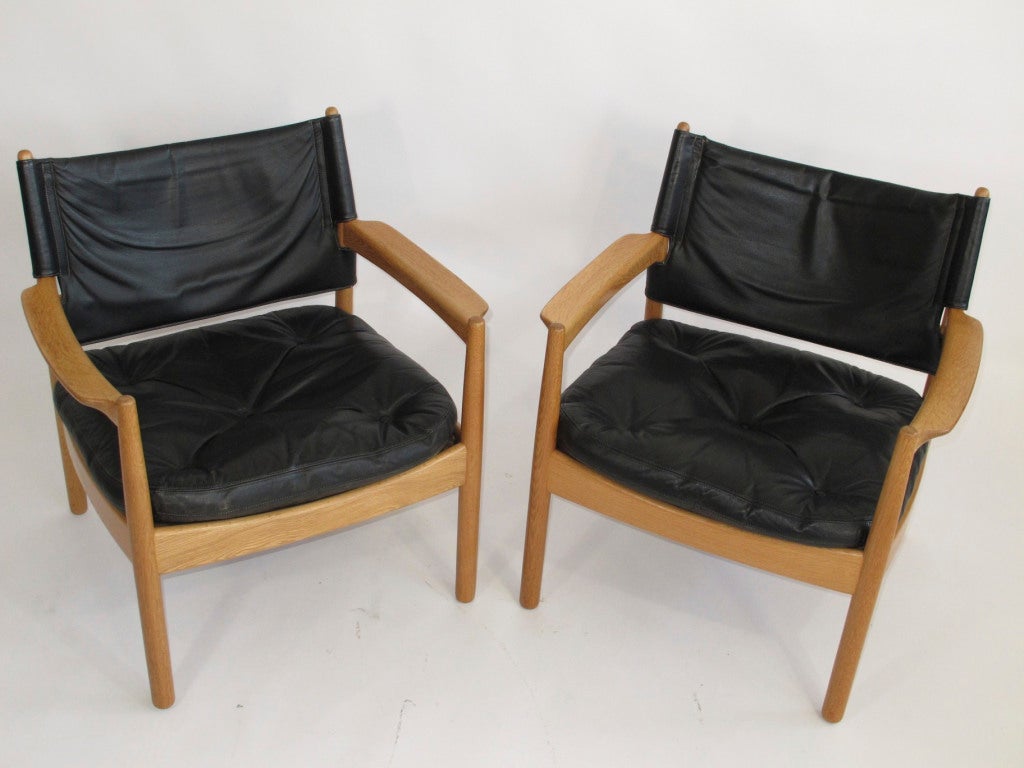Scandinavian Modern Swedish Black Leather Lounge Chairs